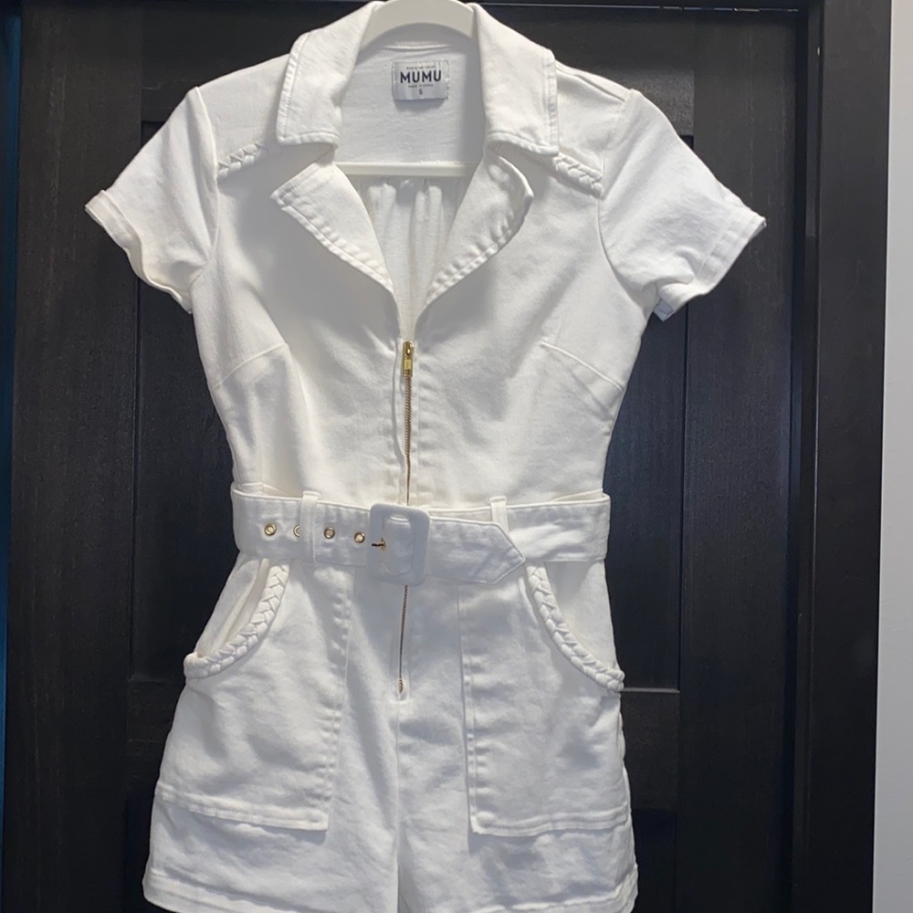 Mumu White Short Sleeve Belted Romper